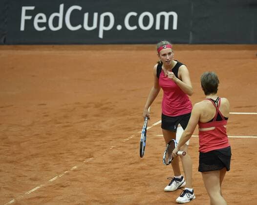 Belgian Elise Mertens and Belgian An-Sophie Mestach pictured during the fifth and last game, the double, between Russian pair Anna Blinkova and Daria Kasatkina and Belgian pair An-Sophie Mestach and Elise Mertens, in the Fed Cup World Group Play Off between Russia and Belgium, Sunday 23 April 2017, at the Small Sports Arena Luzhniki in Moscow, Russia. BENOITxDOPPAGNE  x05086400x