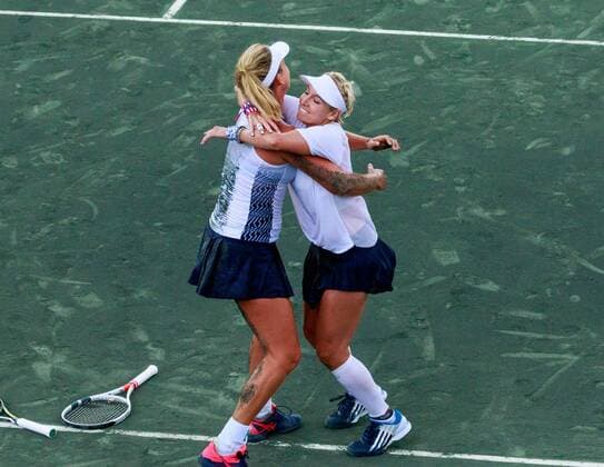 April 23, 2017 - Wesley Chapel, Florida, USA-Bethanie Mattek-Sands and CoCo Vandeweghe celebrate after winning their doubles match against Kristyna Pliskova and Katerina Siniakova in the Fed Cup World Group Semifinal between the Czech Republic and the United States at the Saddlebrook Resort. CSM TENNIS 2017: Fed Cup World Group Semifinal Czech Republic vs USA APR 23 - ZUMAc04_ 20170423_zaf_c04_018 Copyright: xDelxMecumx
