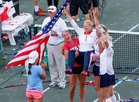 April 23, 2017 - Wesley Chapel, Florida, USA-Team USA celebrates after winning the Fed Cup World Group Semifinal matches between the Czech Republic and the United States at the Saddlebrook Resort. CSM TENNIS 2017: Fed Cup World Group Semifinal Czech Republic vs USA APR 23 - ZUMAc04_ 20170423_zaf_c04_123 Copyright: xDelxMecumx