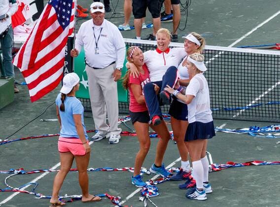 April 23, 2017 - Wesley Chapel, Florida, USA-Team USA celebrates after winning the Fed Cup World Group Semifinal matches between the Czech Republic and the United States at the Saddlebrook Resort. CSM TENNIS 2017: Fed Cup World Group Semifinal Czech Republic vs USA APR 23 - ZUMAc04_ 20170423_zaf_c04_124 Copyright: xDelxMecumx