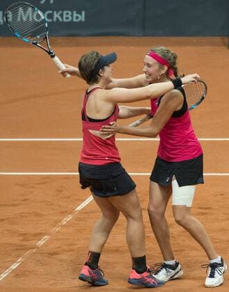 Belgian An-Sophie Mestach and Belgian Elise Mertens celebrate after winning the fifth and last game, the double, between Russian pair Anna Blinkova and Daria Kasatkina and Belgian pair An-Sophie Mestach and Elise Mertens, in the Fed Cup World Group Play Off between Russia and Belgium, Sunday 23 April 2017, at the Small Sports Arena Luzhniki in Moscow, Russia. BENOITxDOPPAGNE  x05086462x