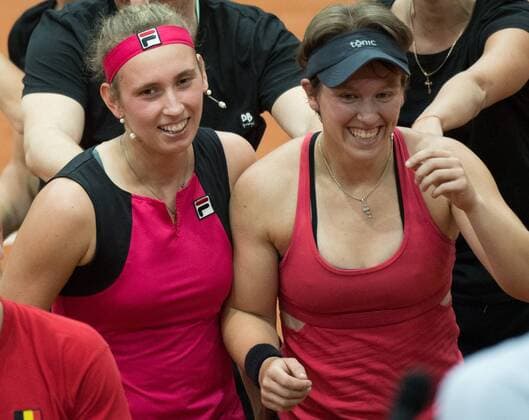Belgian Elise Mertens and Belgian An-Sophie Mestach celebrate after winning the fifth and last game, the double, between Russian pair Anna Blinkova and Daria Kasatkina and Belgian pair An-Sophie Mestach and Elise Mertens, in the Fed Cup World Group Play Off between Russia and Belgium, Sunday 23 April 2017, at the Small Sports Arena Luzhniki in Moscow, Russia. BENOITxDOPPAGNE  x05086470x