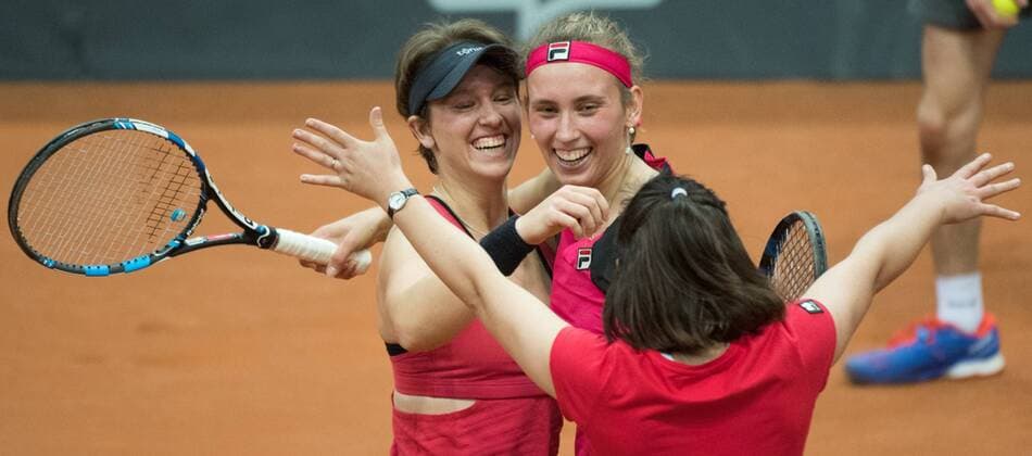 Belgian An-Sophie Mestach and Belgian Elise Mertens celebrate after winning the fifth and last game, the double, between Russian pair Anna Blinkova and Daria Kasatkina and Belgian pair An-Sophie Mestach and Elise Mertens, in the Fed Cup World Group Play Off between Russia and Belgium, Sunday 23 April 2017, at the Small Sports Arena Luzhniki in Moscow, Russia. BENOITxDOPPAGNE  x05086463x