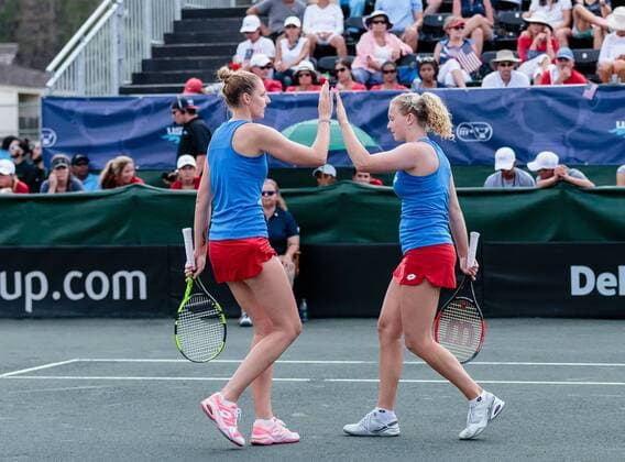 April 23, 2017 - Wesley Chapel, Florida, USA- Katerina Siniakova and Kristyna Pliskova in action during their first doubles match with CoCo Vandeweghe and Bethanie Mattek-Sands in the Fed Cup World Group Semifinal between the Czech Republic and the United States at the Saddlebrook Resort. CSM TENNIS 2017: Fed Cup World Group Semifinal Czech Republic vs USA APR 23 - ZUMAc04_ 20170423_zaf_c04_177 Copyright: xDelxMecumx