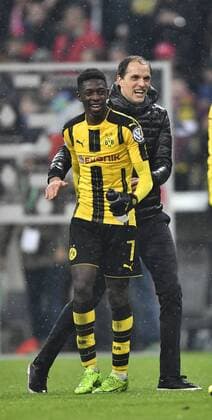 Nach dem Spiel: Schlussjubel Trainer Coach Thomas Tuchel BVB Borussia Dortmund mit Ousmane Dembele BVB Borussia Dortmund FC Bayern München FCB vs Borussia Dortmund BVB 09 DFB-Pokal Halbfinale 26.04.2017 FC Bayern München FCB vs Borussia Dortmund BVB 09