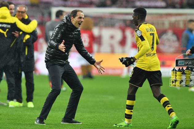 Schlussjubel Thomas TUCHEL (Trainer Borussia Dortmund) mit Ousmane Dembele (DO), Jubel,Freude,Begeisterung, Fussball, DFB Pokal Halbfinale FC Bayern Muenchen-Borussia Dortmund 2-3, am 26.04.2017. A L L I A N Z ARENA.