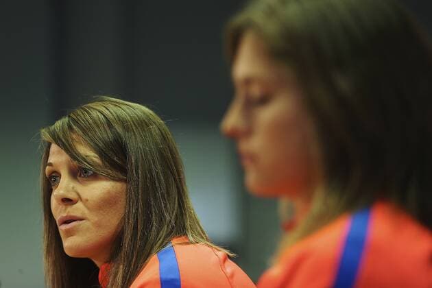 Players of the women s Barcelona FC Ruth Garcia (L) and Alexia Putellas (R) offer a press conference PK Pressekonferenz at the club s sports facilities Joan Gamper in Barcelona, Spain, on 27 April 2017. Barcelona s women team will face PSG in the women s UEFA Champions League final next 29 April 2017 in Paris. Women s Barcelona FC press conference !ACHTUNG: NUR REDAKTIONELLE NUTZUNG!  Copyright: xALEJANDROxGARCÍAx 20170427-636289020320162760