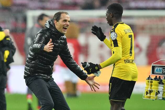 Schlussjubel Thomas TUCHEL (Trainer Borussia Dortmund) mit Ousmane Dembele (DO),Jubel,Freude,BegeisterungJ Fussball, DFB Pokal Halbfinale FC Bayern Muenchen-Borussia Dortmund 2-3, am 26.04.2017. A L L I A N Z ARENA.