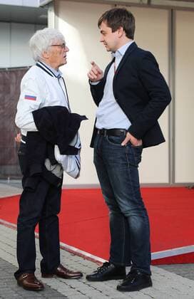 SOCHI, RUSSIA - APRIL 27, 2017: Bernard Charles Bernie Ecclestone (L), president of the Formula One Management and Formula 1 Administration (FOA), and Formula 1 Russian Grand Prix promoter Sergey Vorobyev in a paddock at the Sochi Autodrom racing circuit ahead of the 2017 Formula One Russian Grand Prix. Vyacheslav Prokofyev TASS  TS049E6B