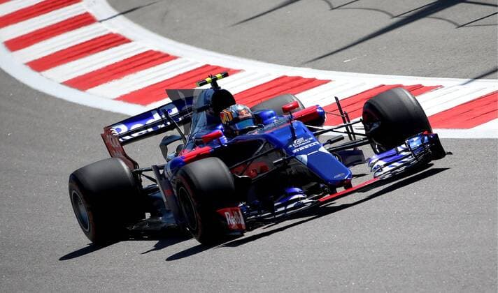 SOCHI, RUSSIA - APRIL 28, 2017: Spanish race driver Carlos Sainz of the Toro Rosso F1 team takes part in a practice session ahead of the 2017 Formula One VTB Russian Grand Prix at the Sochi Autodrom racing circuit. Alexander Demianchuk TASS  TS049FB6