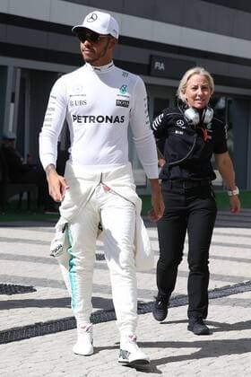 SOCHI, RUSSIA - APRIL 28, 2017: Mercedes AMG Petronas F1 Team driver Lewis Hamilton of the United Kingdom seen ahead of a practice session ahead of the 2017 Formula One Russian Grand Prix at the Sochi Autodrom racing circuit. Vyacheslav Prokofyev TASS  TS04A11D