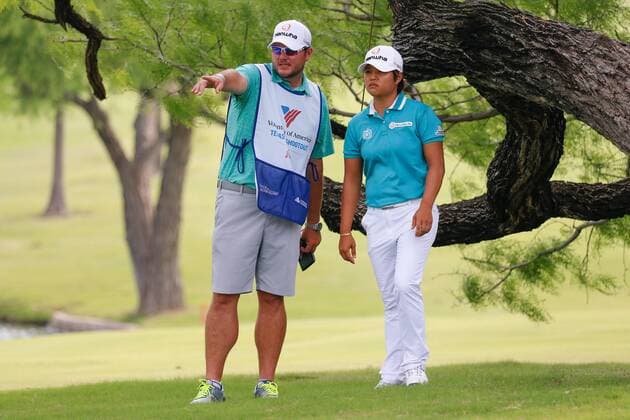 IRVING, TX - APRIL 28: Naru Nomura and her caddie discuss her approach shot to 18 during the second round of the LPGA Golf Damen Volunteers of America Texas Shootout on April 28, 2017 at Las Colinas Country Club in Irving, TX. (Photo by Andrew Dieb Icon Sportswire) GOLF: APR 28 LPGA - Volunteers of America Texas Shootout - Second Round Icon170428933 EDITORIAL USE ONLY