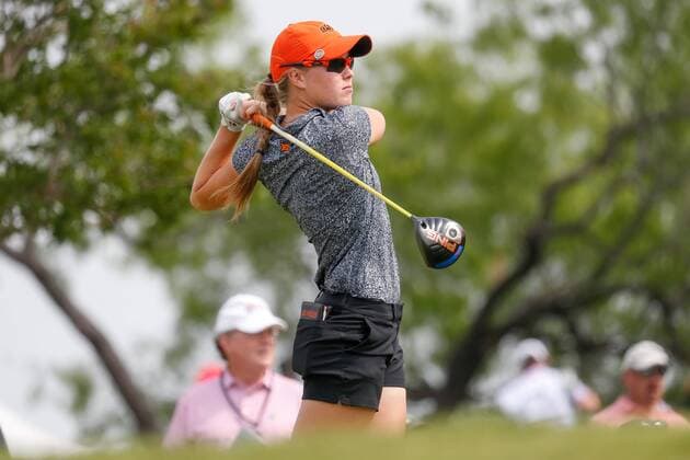 IRVING, TX - APRIL 28: Local amateur Maddie McCrary hits her tee shot on 10 during the second round of the LPGA Golf Damen Volunteers of America Texas Shootout on April 28, 2017 at Las Colinas Country Club in Irving, TX. (Photo by Andrew Dieb Icon Sportswire) GOLF: APR 28 LPGA - Volunteers of America Texas Shootout - Second Round Icon170428127 EDITORIAL USE ONLY