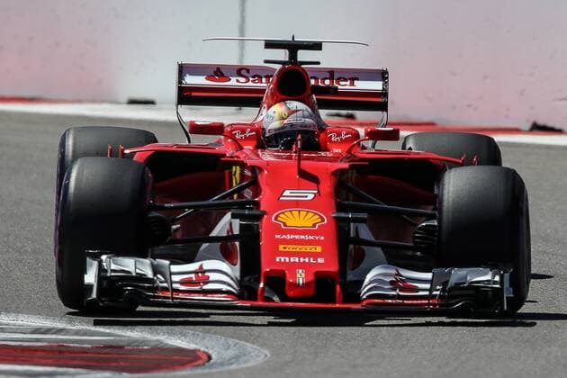 SOCHI, RUSSIA - APRIL 29, 2017: Scuderia Ferrari Formula One team driver Sebastian Vettel of Germany takes part in a practice session ahead of the 2017 Formula One Russian Grand Prix at the Sochi Autodrom racing circuit. Vyacheslav Prokofyev TASS  TS04A22A