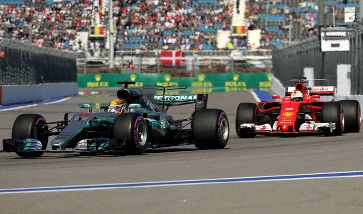 SOCHI, RUSSIA - APRIL 29, 2017: Mercedes AMG Petronas F1 driver Lewis Hamilton (L) of the United Kingdom and Scuderia Ferrari F1 driver Sebastian Vettel of Germany drive during a qualifying session for the 2017 Formula One Russian Grand Prix at the Sochi Autodrom racing circuit. Alexander Demianchuk TASS  TS04A274