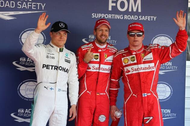 Russian Grand Prix, Sochi 27 - 30 April 2017 29.04.2017 - Qualifying, 3rd place Valtteri Bottas (FIN) Mercedes AMG F1 W08, Sebastian Vettel (GER) Scuderia Ferrari SF70H pole position and 2nd place Kimi Raikkonen (FIN) Scuderia Ferrari SF70H 