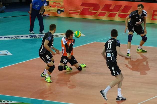 Volleyball, Herren, Saison 2016 17, CEV Champions League Final Four in Rom, Halbfinale, BR Volleys - Zenit Kasan, Ruben Schott (Nr. 13, Berlin Recycling Volleys), Luke Perry (Nr. 4, Berlin Recycling Volleys), Tsimafei Zhukouski (Nr. 11, Berlin Recycling Volleys), br , 29.04.17, Copyright: xMichaelxHundtx xMatthiasxKochx