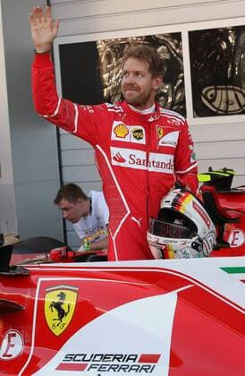 SOCHI, RUSSIA - APRIL 29, 2017: Scuderia Ferrari F1 driver Sebastian Vettel of Germany waves after a qualifying session for the 2017 Formula One Russian Grand Prix at the Sochi Autodrom racing circuit. Vyacheslav Prokofyev TASS  TS04A2B4