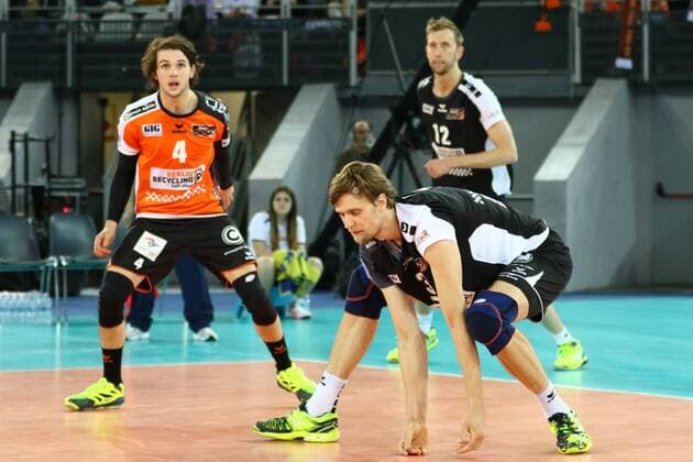 Volleyball, Herren, Saison 2016 17, CEV Champions League Final Four in Rom, Halbfinale, BR Volleys - Zenit Kasan, Luke Perry (Nr. 4, Berlin Recycling Volleys), Robert Kromm (Nr. 3, Berlin Recycling Volleys), Paul Carroll (Nr. 12, Berlin Recycling Volleys), 29.04.17, Copyright: xMichaelxHundtx xMatthiasxKochx
