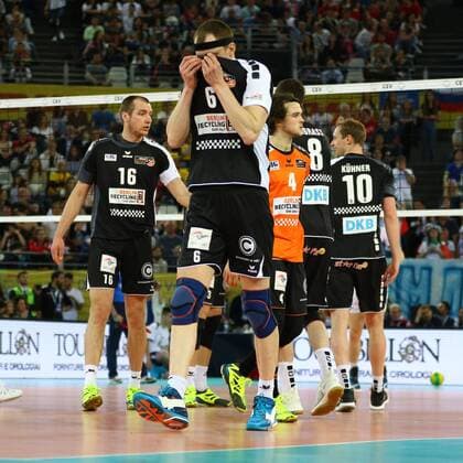Volleyball, Herren, Saison 2016 17, CEV Champions League Final Four in Rom, Halbfinale, BR Volleys - Zenit Kasan, Wouter ter Maat (Nr. 16, Berlin Recycling Volleys), Felix Fischer (Nr. 6, Berlin Recycling Volleys), Luke Perry (Nr. 4, Berlin Recycling Volleys), Graham Vigrass (Nr. 8, Berlin Recycling Volleys), Sebastian Kühner (Nr. 10, Berlin Recycling Volleys), 29.04.17, Copyright: xMichaelxHundtx xMatthiasxKochx