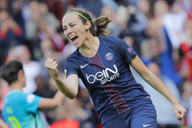 Bilder des Tages - SPORT Fußball, CL, Damen, Paris St. Germain - FC Barcelona Sabrina Delannoy (PSG women) inscrit un but sur penalty, joie, Miriam Dieguez FC Barcelona Barca women), Marta Torrejon (FC Barcelona women) FOOTBALL : Paris SG vs FC Barcelone - UEFA Ligue des Champions feminines - 1 2 Finale - 29 04 2017 StephaneALLAMAN Panoramic 