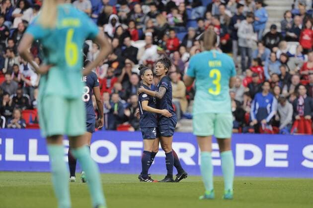 Fußball, CL, Damen, Paris St. Germain - FC Barcelona Veronica Boquete (PSG women), Rozeira Cristiane (PSG women), Line Roddik FC Barcelona Barca women), Ruth Garcia (FC Barcelona women) FOOTBALL : Paris SG vs FC Barcelone - UEFA Ligue des Champions feminines - 1 2 Finale - 29 04 2017 StephaneALLAMAN Panoramic 
