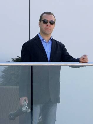 SOCHI, RUSSIA - APRIL 30, 2017: Russia s Prime Minister Dmitry Medvedev watches the 2017 Formula One Russian Grand Prix at the Sochi Autodrom racing circuit. Mikhail Metzel TASS  TS04A374