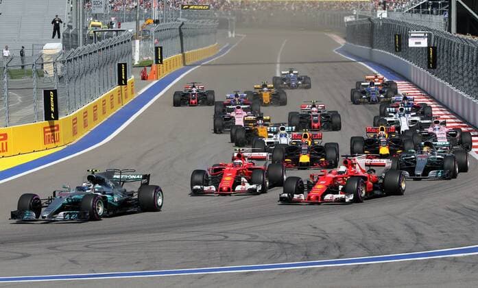 SOCHI, RUSSIA - APRIL 30, 2017: Racing cars drive during the 2017 Formula One Russian Grand Prix at the Sochi Autodrom racing circuit. Alexander Demianchuk TASS  TS04A37B