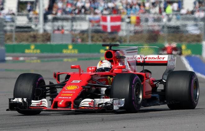 SOCHI, RUSSIA - APRIL 30, 2017: Scuderia Ferrari F1 Team driver Sebastian Vettel of Germany drives during the 2017 Formula One Russian Grand Prix at the Sochi Autodrom racing circuit. Alexander Demianchuk TASS  TS04A37C