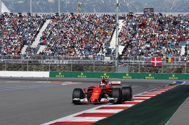SOCHI, RUSSIA - APRIL 30, 2017: Scuderia Ferrari F1 Team driver Kimi Raikkonen of Finland drives during the 2017 Formula One Russian Grand Prix at the Sochi Autodrom racing circuit. Alexander Demianchuk TASS  TS04A37F