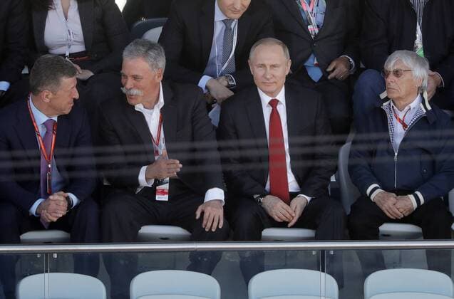 SOCHI, RUSSIA - APRIL 30, 2017: Russia s Deputy Prime Minister Dmitry Kozak, Formula One Group Executive Chairman Chase Carey, Russia s President Vladimir Putin, and Formula One Group Chairman Emeritus Bernard Charles Bernie Ecclestone, from left, watch the 2017 Formula One Russian Grand Prix at the Sochi Autodrom racing circuit. Mikhail Metzel TASS  TS04A384