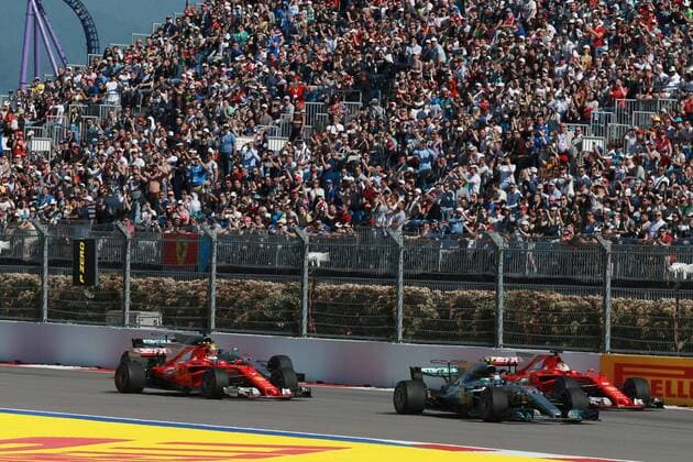 Motorsports: FIA Formula One World Championship WM Weltmeisterschaft 2017, Grand Prix of Russia, 77 Valtteri Bottas (FIN, Mercedes AMG Petronas), 5 Sebastian Vettel (GER, Scuderia Ferrari) 7 Kimi Raikkonen (FIN, Scuderia Ferrari), Sotschi Russia xHOCHxZWEIx