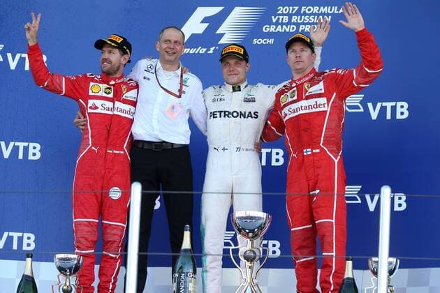 Motorsports: FIA Formula One World Championship WM Weltmeisterschaft 2017, Grand Prix of Russia, 77 Valtteri Bottas (FIN, Mercedes AMG Petronas), 5 Sebastian Vettel (GER, Scuderia Ferrari) 7 Kimi Raikkonen (FIN, Scuderia Ferrari), Sotschi Russia xHOCHxZWEIx