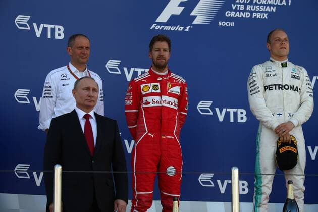 Russian Grand Prix, Sochi 27 - 30 April 2017 30.04.2017 - Race, 2nd place Sebastian Vettel (GER) Scuderia Ferrari SF70H and Valtteri Bottas (FIN) Mercedes AMG F1 W08 race winner with Vladmir Putin (RUS) Russian President 