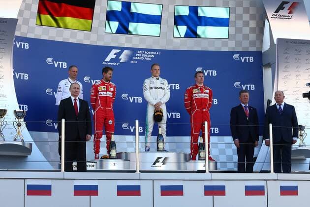 Russian Grand Prix, Sochi 27 - 30 April 2017 30.04.2017 - Race, 1st place Valtteri Bottas (FIN) Mercedes AMG F1 W08, 2nd place Sebastian Vettel (GER) Scuderia Ferrari SF70H and 3rd place Kimi Raikkonen (FIN) Scuderia Ferrari SF70H with Vladmir Putin (RUS) Russian President and Dmitry Kozak (RUS) Deputy Prime Minister of the Russian Federation 