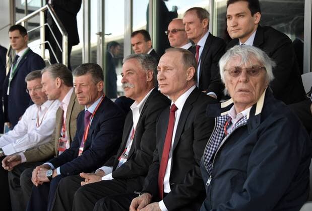 Formula One Managing Director of Motorsports Ross Brawn, Formula One Managing Director of Commercial Operations Sean Bratches, Russia s Deputy Prime Minister Dmitry Kozak, Formula One Group CEO Chase Carey, Russia s President Vladimir Putin and Formula One Group Chairman Emeritus Bernard Charles Bernie Ecclestone (L-R) attend the 2017 Formula One Russian Grand Prix at the Sochi Autodrom racing circuit. Alexei Nikolsky Russian Presidential Press and Information Office TASS  TS04A414