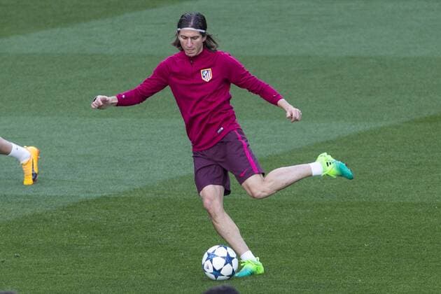 Filipe Luis of Atletico de Madrid during the training before the match of Champions League between Real Madrid and Atletico de Madrid at Santiago Bernabeu Stadium in Madrid, Spain. May 01, 2017.  (20170501074)
