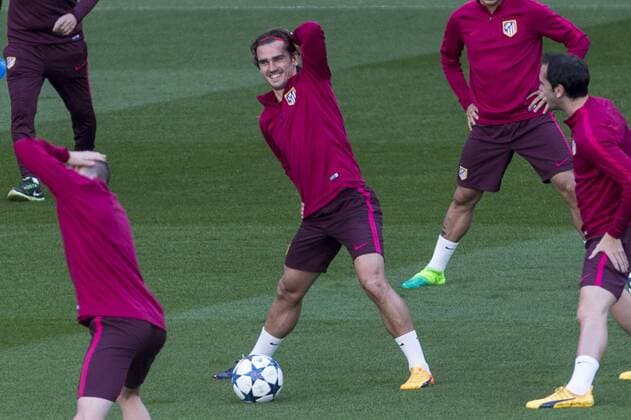 Antoine Griezmann of Atletico de Madrid during the training before the match of Champions League between Real Madrid and Atletico de Madrid at Santiago Bernabeu Stadium in Madrid, Spain. May 01, 2017.  (20170501086)