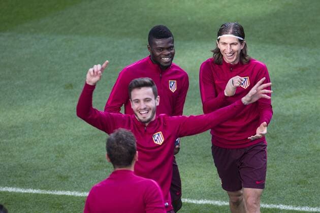 Saul Iniguez, Thomas Partey, Filipe Luis of Atletico de Madrid during the training before the match of Champions League between Real Madrid and Atletico de Madrid at Santiago Bernabeu Stadium in Madrid, Spain. May 01, 2017.  (20170501036)