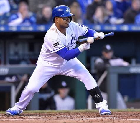 May 1, 2017 - Kansas City, MO, USA - Kansas City Royals Christian Colon lays down a sacrifice bunt to move Alcides Escobar to third base in the third inning against the Chicago White Sox on Monday, May 1, 2017 at Kauffman Stadium in Kansas City, Mo. Chicago White Sox vs. Kansas City Royals - ZUMAm67_ 20170501_zaf_m67_037 Copyright: xJohnxSleezerx