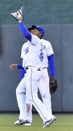 May 1, 2017 - Kansas City, MO, USA - Kansas City Royals right fielder Jorge Bonifacio catches a fly ball out on Chicago White Sox s Melky Cabrera in the third inning on Monday, May 1, 2017 at Kauffman Stadium in Kansas City, Mo. Chicago White Sox vs. Kansas City Royals - ZUMAm67_ 20170501_zaf_m67_039 Copyright: xJohnxSleezerx