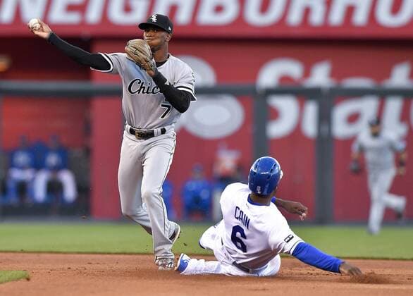 May 1, 2017 - Kansas City, MO, USA - Chicago White Sox shortstop Tim Anderson forces out Kansas City Royals Lorenzo Cain at second and completes the double play on Eric Hosmer at first to end the first inning on Monday, May 1, 2017 at Kauffman Stadium in Kansas City, Mo. Chicago White Sox vs. Kansas City Royals - ZUMAm67_ 20170501_zaf_m67_042 Copyright: xJohnxSleezerx