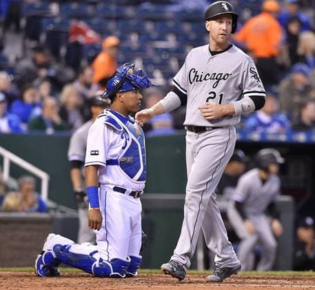 May 1, 2017 - Kansas City, MO, USA - Chicago White Sox s Todd Frazier scores in front of Kansas City Royals catcher Salvador Perez on a single by Jacob May in the fourth inning on Monday, May 1, 2017 at Kauffman Stadium in Kansas City, Mo. Chicago White Sox vs. Kansas City Royals - ZUMAm67_ 20170501_zaf_m67_047 Copyright: xJohnxSleezerx