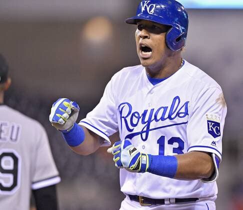 May 1, 2017 - Kansas City, MO, USA - Kansas City Royals Salvador Perez celebrates his two-run single in the fifth inning against the Chicago White Sox on Monday, May 1, 2017 at Kauffman Stadium in Kansas City, Mo. Chicago White Sox vs. Kansas City Royals - ZUMAm67_ 20170501_zaf_m67_066 Copyright: xJohnxSleezerx