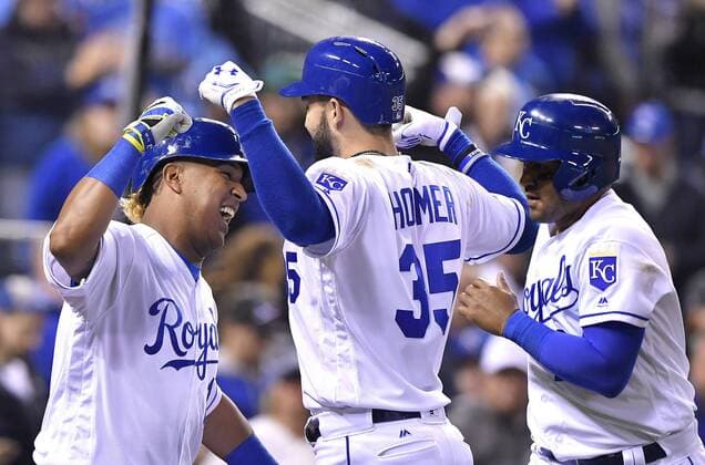 May 1, 2017 - Kansas City, MO, USA - Kansas City Royals Eric Hosmer celebrates his two-run home run with Salvador Perez and Christian Colon in the seventh inning against the Chicago White Sox on Monday, May 1, 2017 at Kauffman Stadium in Kansas City, Mo. Chicago White Sox vs. Kansas City Royals - ZUMAm67_ 20170501_zaf_m67_077 Copyright: xJohnxSleezerx