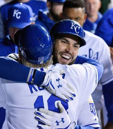May 1, 2017 - Kansas City, MO, USA - Kansas City Royals Eric Hosmer gets a hug from first base coach Rusty Kuntz after Hosmer s two-run home run in the seventh inning against the Chicago White Sox on Monday, May 1, 2017 at Kauffman Stadium in Kansas City, Mo. Chicago White Sox vs. Kansas City Royals - ZUMAm67_ 20170501_zaf_m67_072 Copyright: xJohnxSleezerx