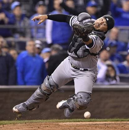 May 1, 2017 - Kansas City, MO, USA - Chicago White Sox catcher Omar Narvaez misses a pop foul ball hit by Kansas City Royals Mike Moustakas in the seventh inning on Monday, May 1, 2017 at Kauffman Stadium in Kansas City, Mo. Chicago White Sox vs. Kansas City Royals - ZUMAm67_ 20170501_zaf_m67_093 Copyright: xJohnxSleezerx