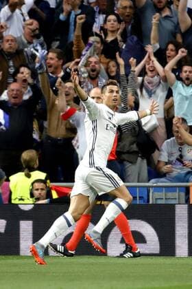 Real Madrid s Portuguese striker Cristiano Ronaldo jubilates the first goal against Atletico de Madrid during the UEFA Champions League semifinal match between Real Madrid and Atletico de Madrid at the Santiago Bernabeu stadium in Madrid, Spain, 02 May 2017. REAL MADRID VS. ATLETICO DE MADRID !ACHTUNG: NUR REDAKTIONELLE NUTZUNG!  Copyright: xJuanJoxMartinx MAD001 20170502-636293564756612449