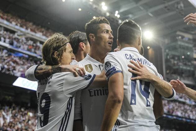 Cristiano Ronaldo of Real Madrid celebrates after scoring a goal during the match of Champions League between Real Madrid and Atletico de Madrid at Santiago Bernabeu Stadium in Madrid, Spain. May 02, 2017.  (20170502019)