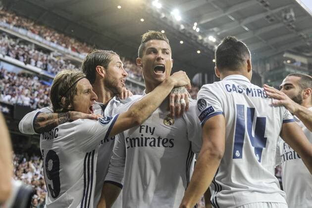 Cristiano Ronaldo of Real Madrid celebrates after scoring a goal during the match of Champions League between Real Madrid and Atletico de Madrid at Santiago Bernabeu Stadium in Madrid, Spain. May 02, 2017.  (20170502017)